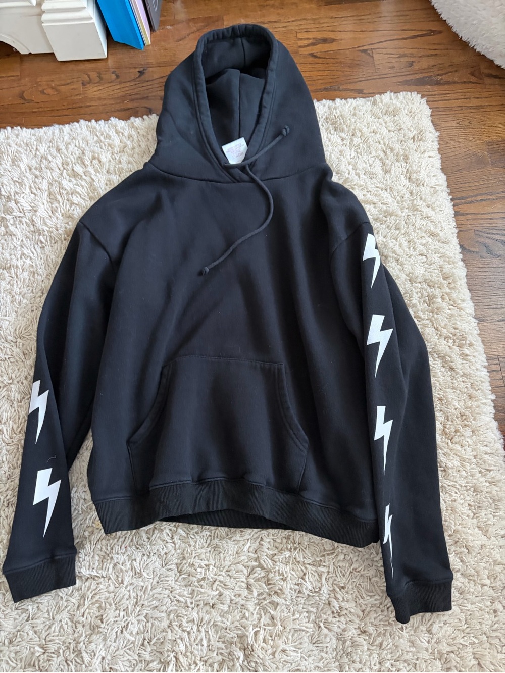 Black Kids Hoodie with White Lightning Sleeve Print